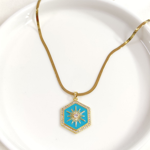 ÇELİK TURKUAZ MİNELİ ALTIGEN KOLYE 40+5 CM