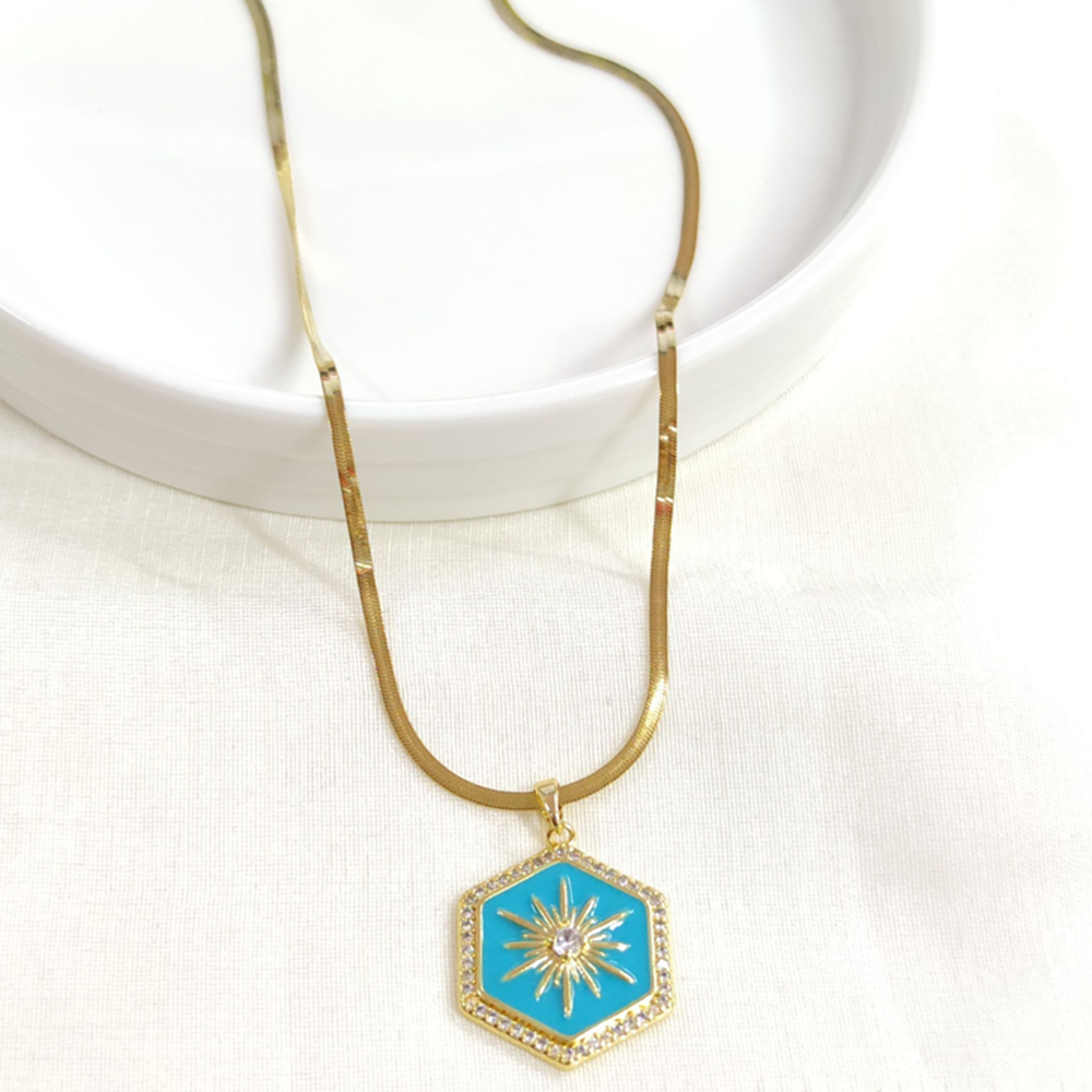 ÇELİK TURKUAZ MİNELİ ALTIGEN KOLYE 40+5 CM