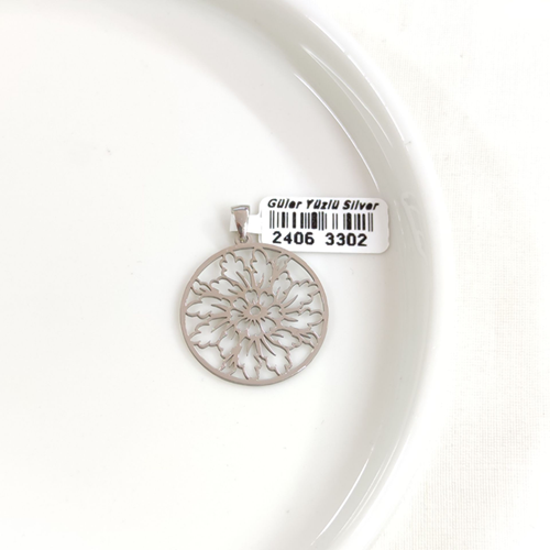 ÇİÇEK MOTİFLİ PLAKA GÜMÜŞ KOLYE UCU 25MM