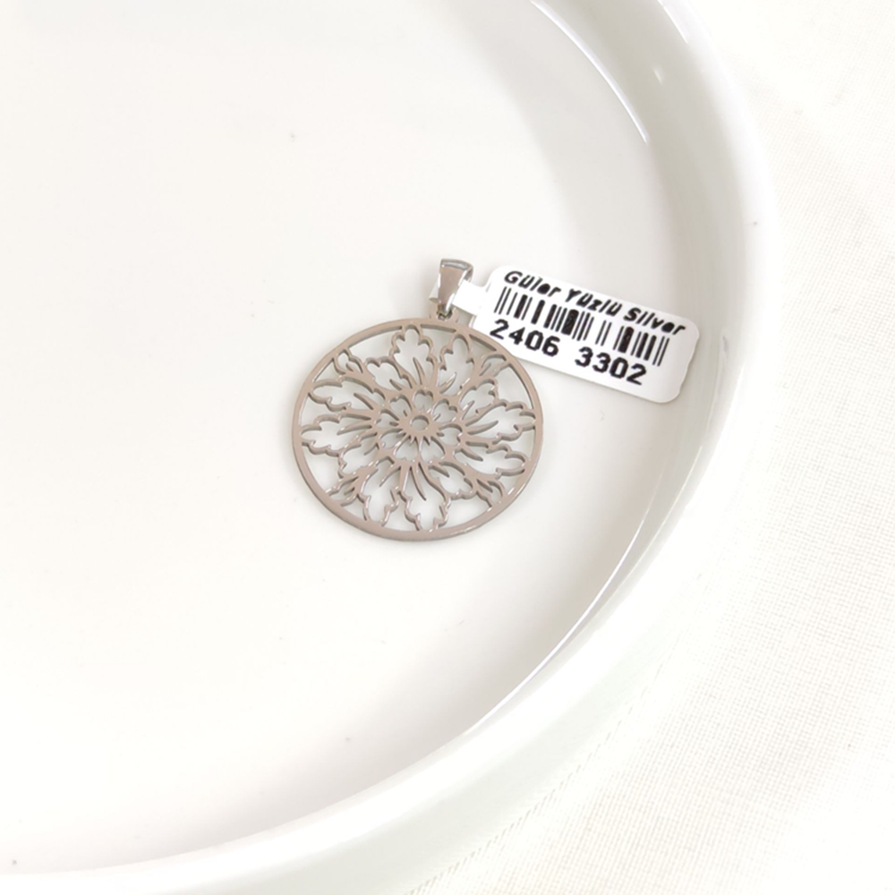 ÇİÇEK MOTİFLİ PLAKA GÜMÜŞ KOLYE UCU 25MM