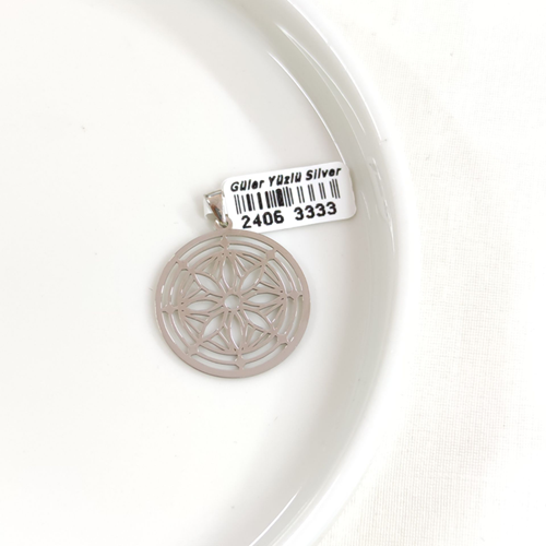 ÇİÇEKLİ MOTİFLİ PLAKA GÜMÜŞ KOLYE UCU 25MM