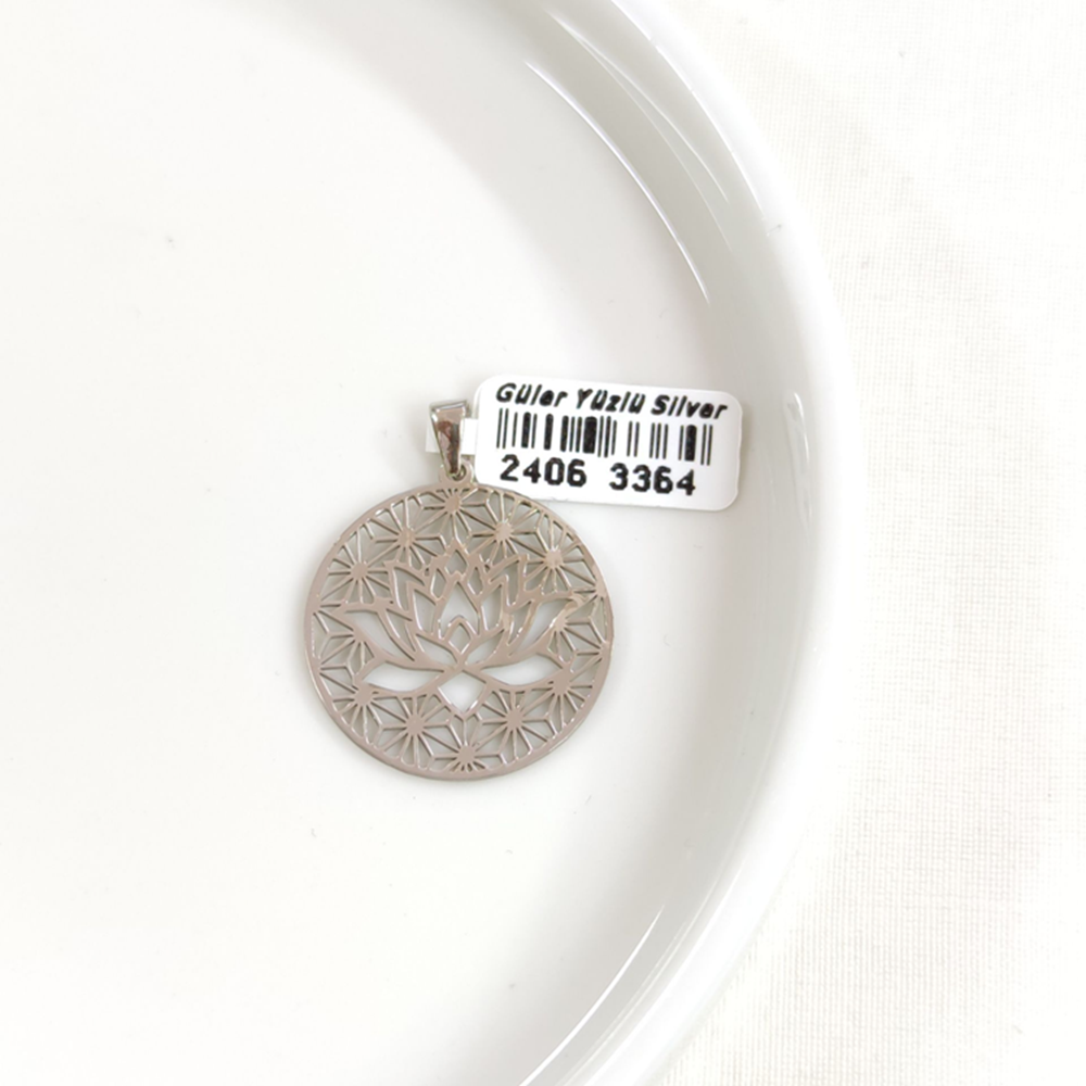 LOTUS MOTİFLİ PLAKA GÜMÜŞ KOLYE UCU 25MM