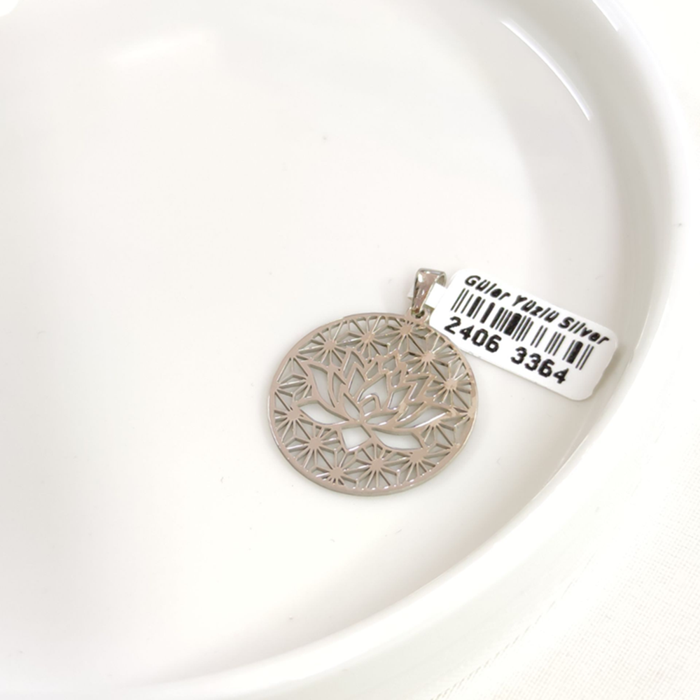 LOTUS MOTİFLİ PLAKA GÜMÜŞ KOLYE UCU 25MM