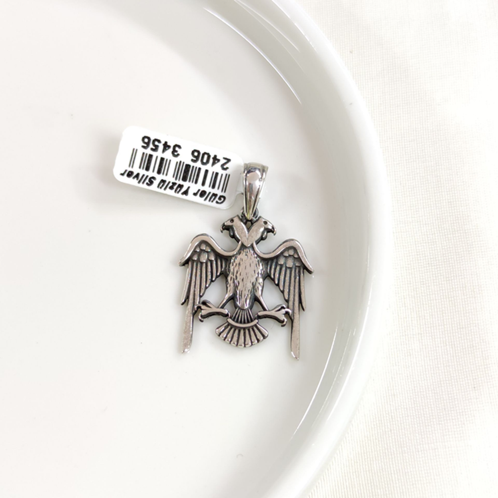 ÇİFT BAŞLI KARTAL GÜMÜŞ KOLYE UCU 24MM