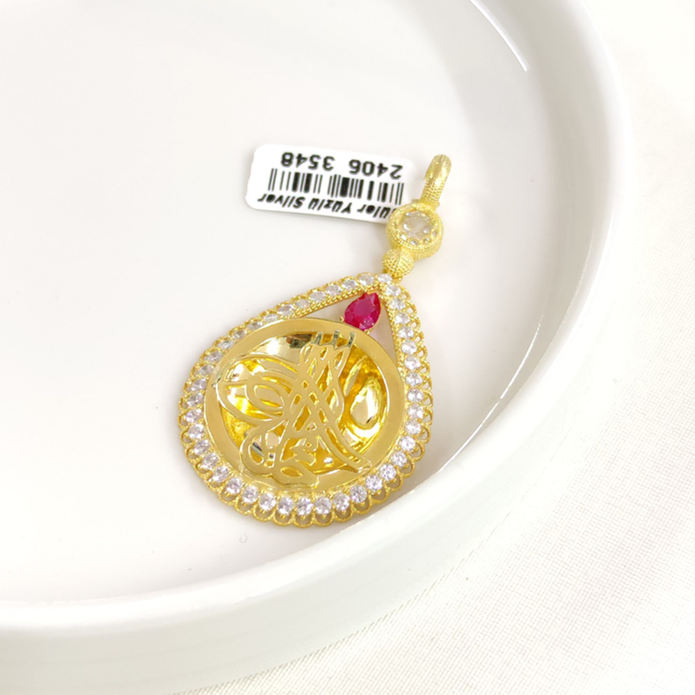 FUŞYA TAŞLI BÜYÜK TUĞRA GÜMÜŞ KOLYE UCU 30x55MM