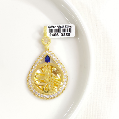 MAVİ TAŞLI BÜYÜK TUĞRA GÜMÜŞ KOLYE UCU 30x55MM