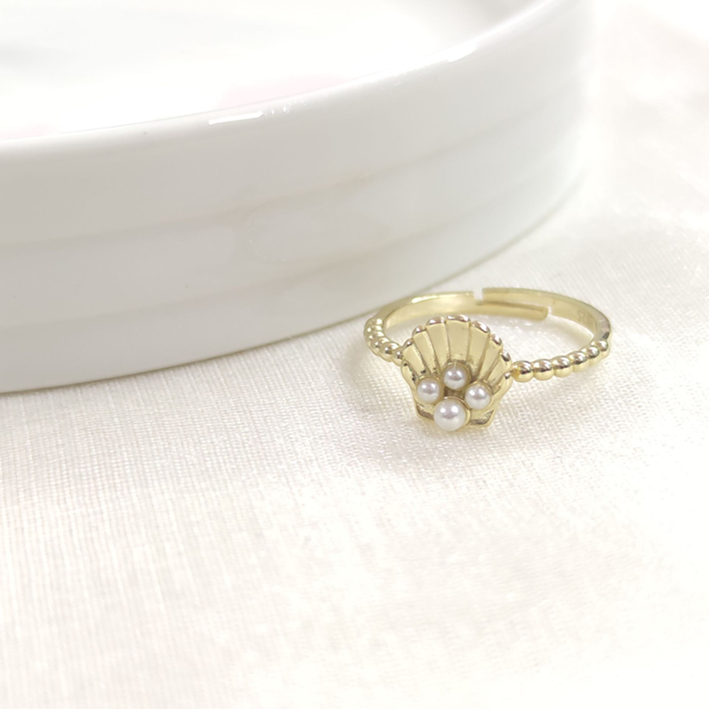 İNCİLİ İSTİRİDYE AYARLANABİLİR GÜMÜŞ YÜZÜK - ALTIN SARI