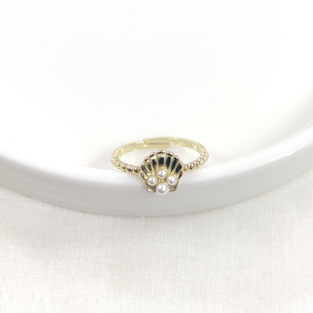 İNCİLİ İSTİRİDYE AYARLANABİLİR GÜMÜŞ YÜZÜK - ALTIN SARI