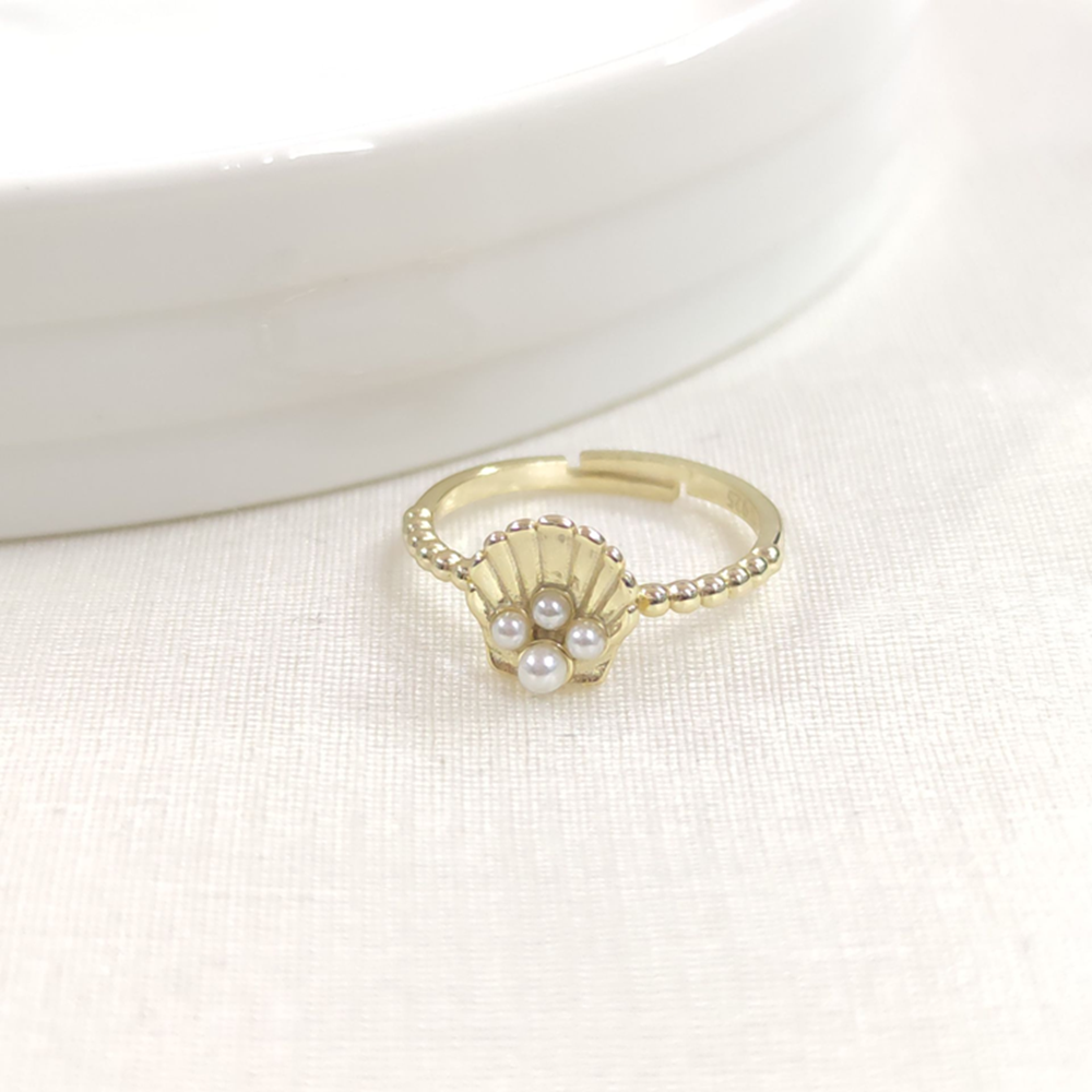 İNCİLİ İSTİRİDYE AYARLANABİLİR GÜMÜŞ YÜZÜK - ALTIN SARI