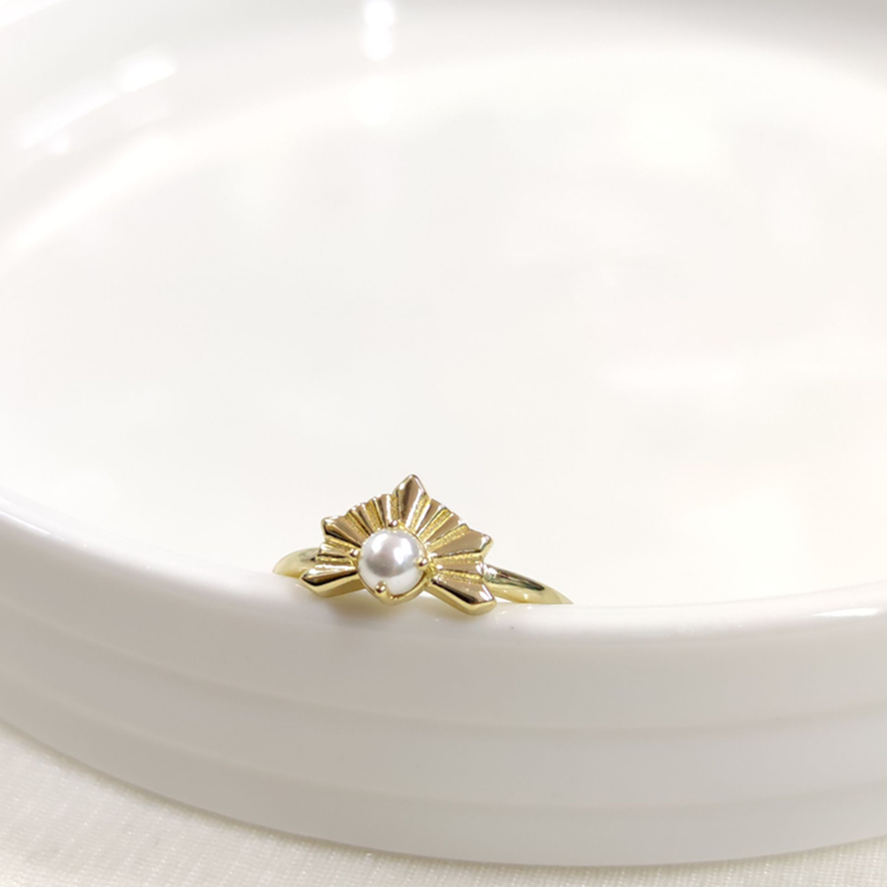 İNCİLİ AYARLANABİLİR GÜMÜŞ YÜZÜK - ALTIN SARI