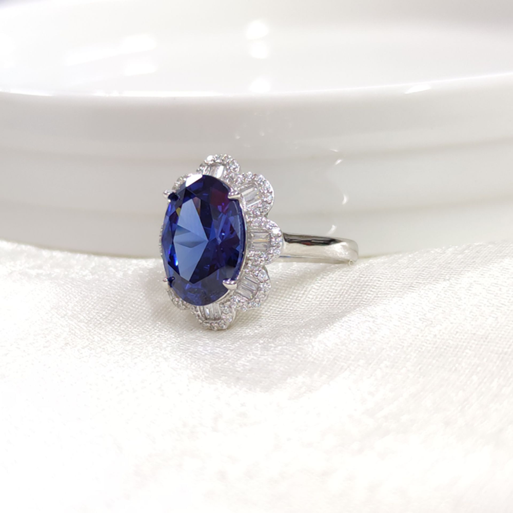 İTHAL OVAL BAGET ÇİÇEK SAFİR ZİRKON GÜMÜŞ YÜZÜK - 12