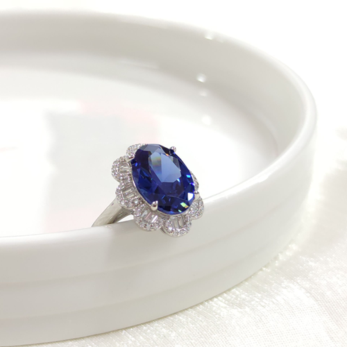 İTHAL OVAL BAGET ÇİÇEK SAFİR ZİRKON GÜMÜŞ YÜZÜK