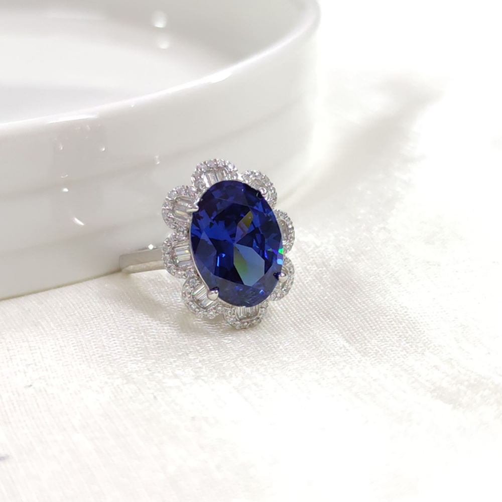 İTHAL OVAL BAGET ÇİÇEK SAFİR ZİRKON GÜMÜŞ YÜZÜK