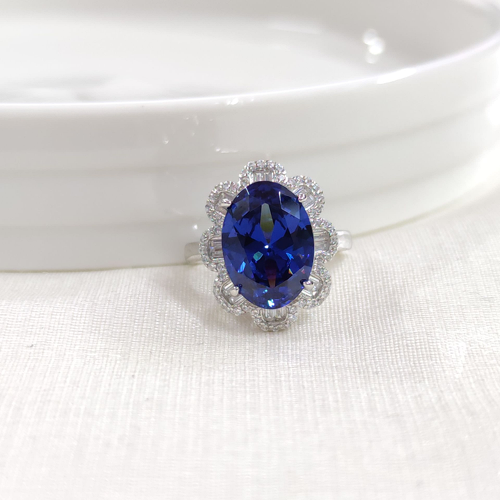 İTHAL OVAL BAGET ÇİÇEK SAFİR ZİRKON GÜMÜŞ YÜZÜK