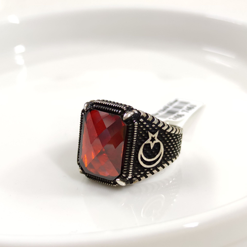 KIRMIZI TAŞLI AY YILDIZ GÜMÜŞ ERKEK YÜZÜK