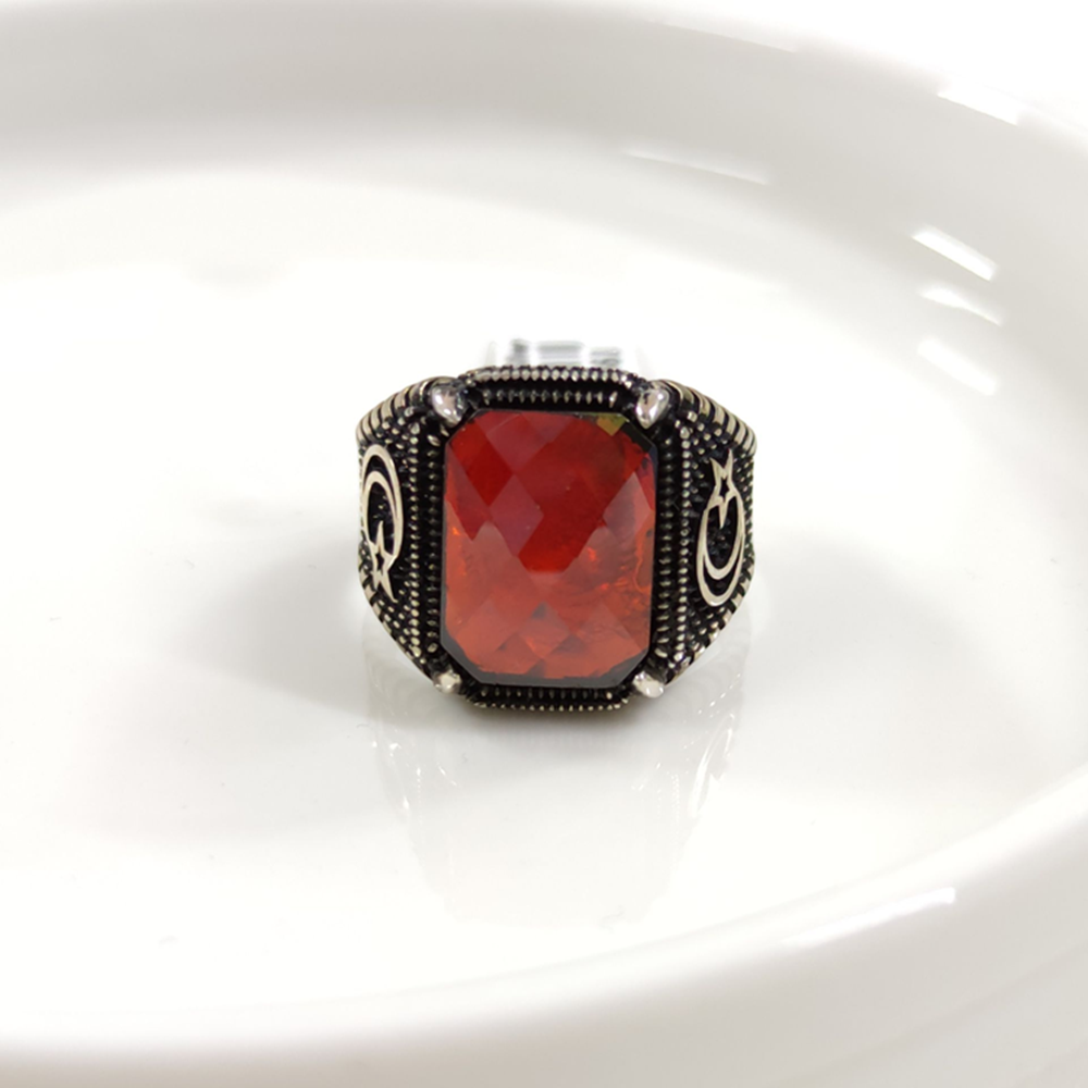 KIRMIZI TAŞLI AY YILDIZ GÜMÜŞ ERKEK YÜZÜK