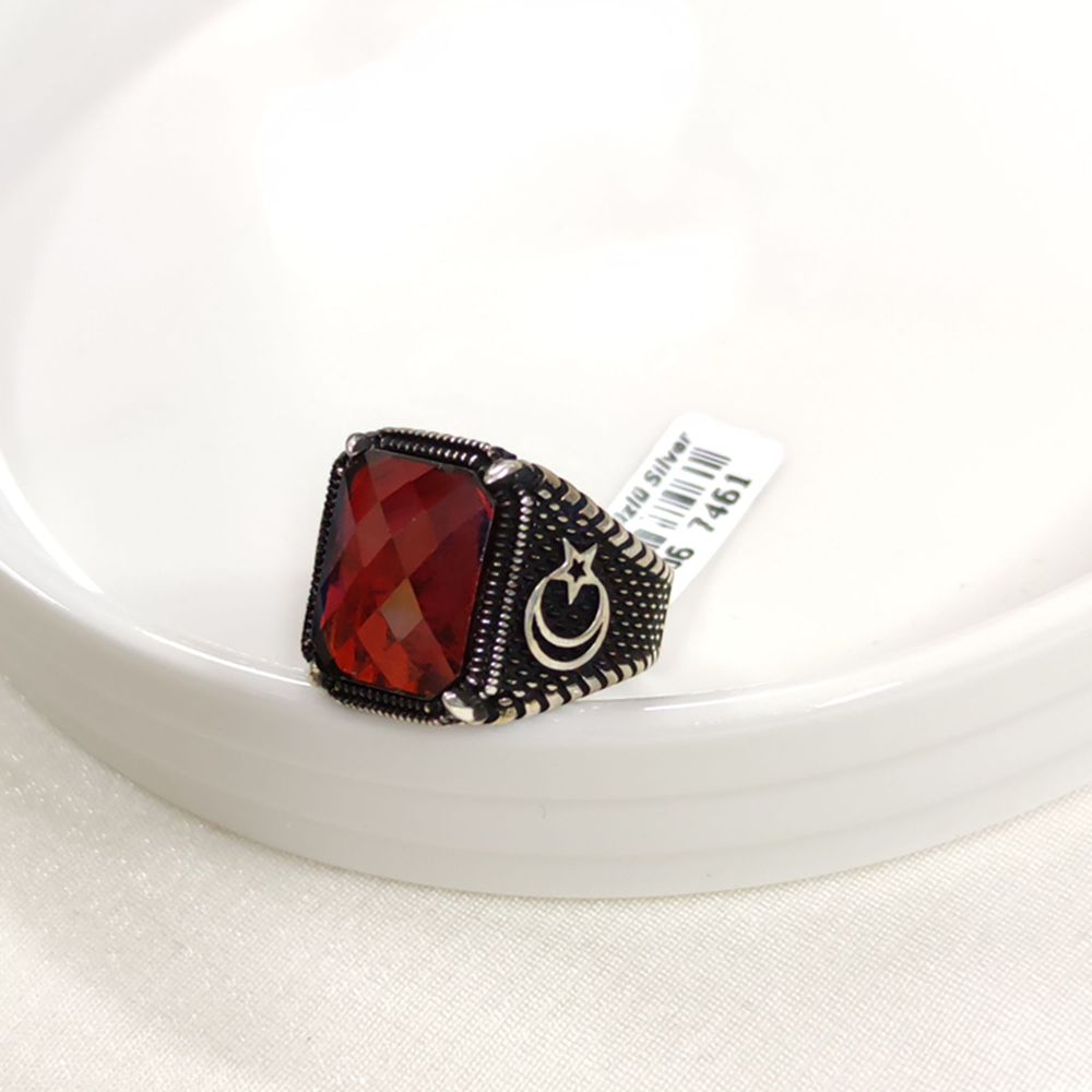 KIRMIZI TAŞLI AY YILDIZ GÜMÜŞ ERKEK YÜZÜK