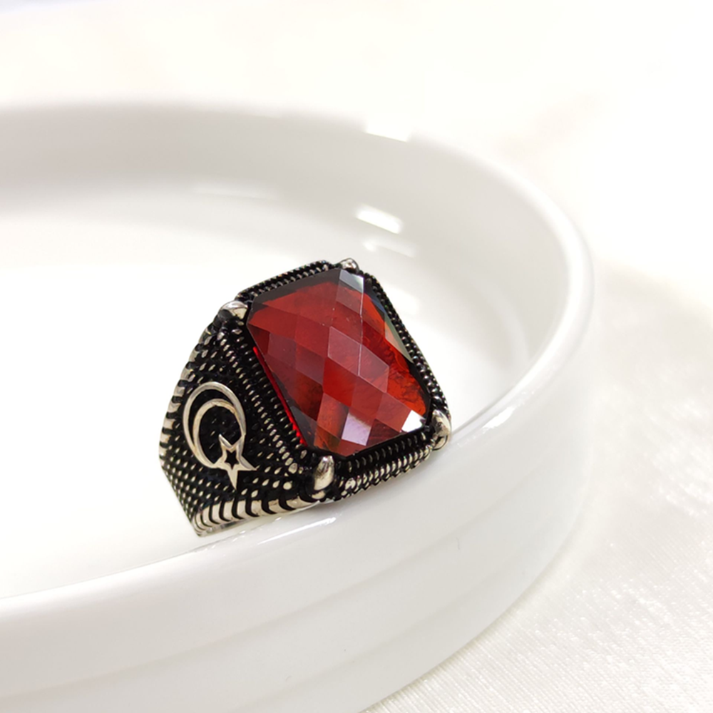 KIRMIZI TAŞLI AY YILDIZ GÜMÜŞ ERKEK YÜZÜK