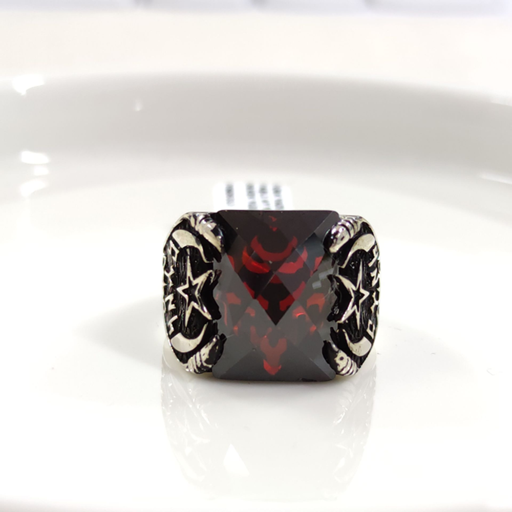 TÜRK YAZILI KIRMIZI TAŞLI AY YILDIZ GÜMÜŞ ERKEK YÜZÜK