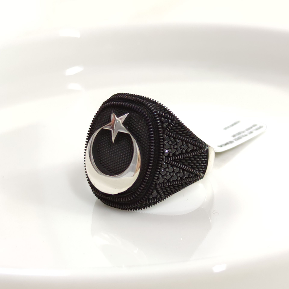 OVAL AY YILDIZ GÜMÜŞ ERKEK YÜZÜK