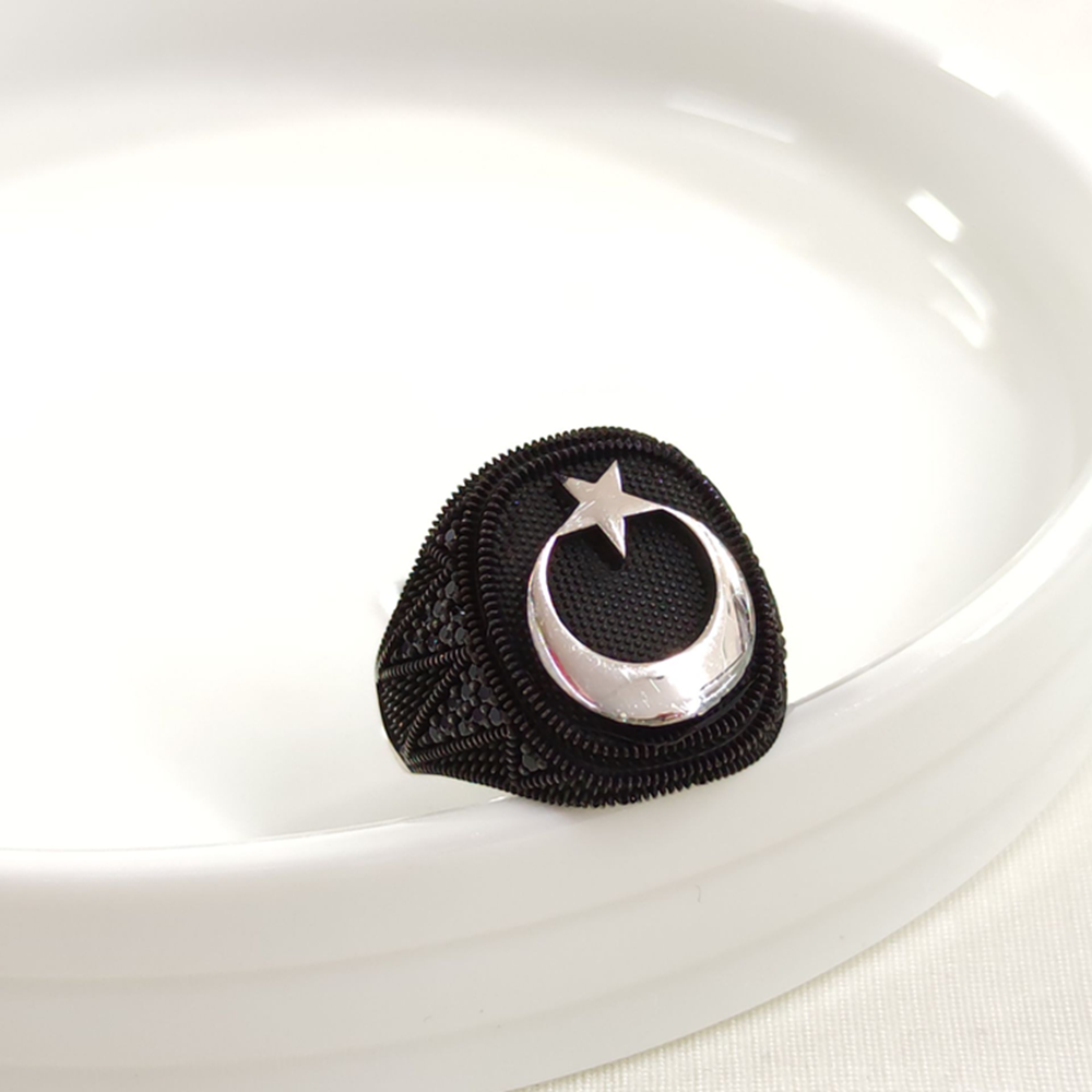 OVAL AY YILDIZ GÜMÜŞ ERKEK YÜZÜK