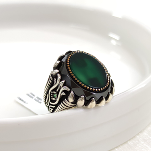 OVAL YEŞİL TAŞLI GÜMÜŞ ERKEK YÜZÜK