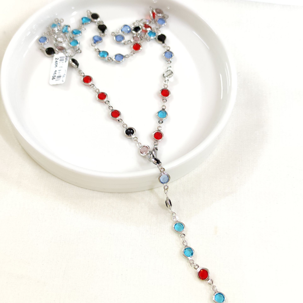 ÇELİK RENKLİ YUVARLAK TAŞLI Y KOLYE ZİNCİR GOLD 70 CM