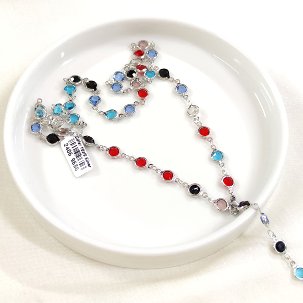 ÇELİK RENKLİ YUVARLAK TAŞLI Y KOLYE ZİNCİR GOLD 70 CM