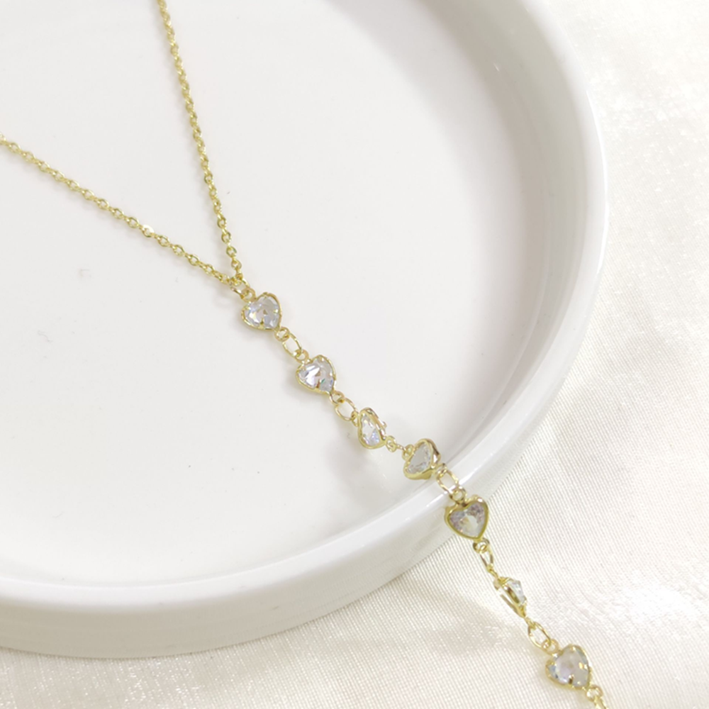 ÇELİK KALP TAŞLI Y KOLYE ZİNCİR GOLD 40+5 CM