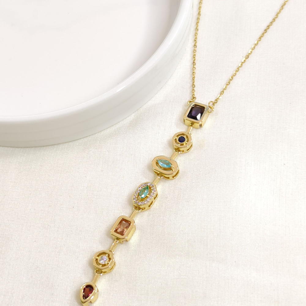 ÇELİK ASİMETRİK TAŞLI Y KOLYE ZİNCİR GOLD 40+5 CM