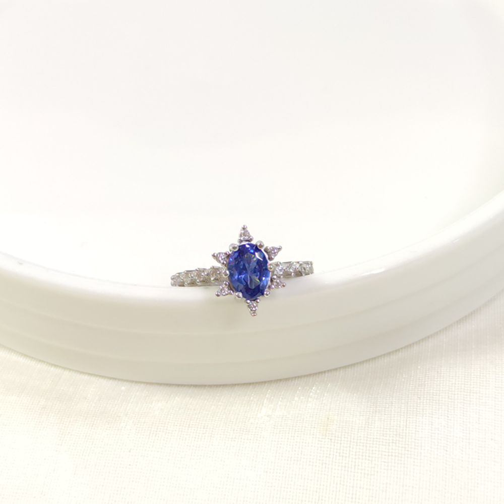 MAVİ OVAL TAŞLI ÇİÇEK LOTUS TEK TAŞ GÜMÜŞ YÜZÜK - 18