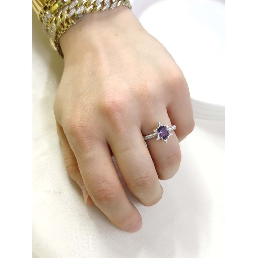 MOR OVAL TAŞLI ÇİÇEK LOTUS TEK TAŞ GÜMÜŞ YÜZÜK