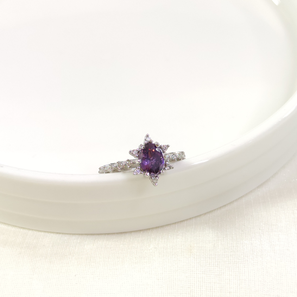 MOR OVAL TAŞLI ÇİÇEK LOTUS TEK TAŞ GÜMÜŞ YÜZÜK