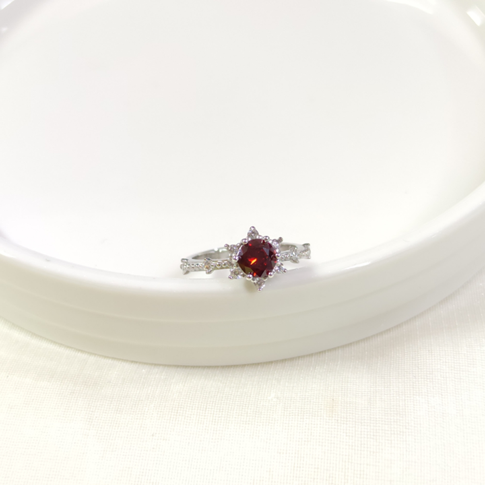 KIRMIZI ZİRKON TAŞLI ÇİÇEK LOTUS TEK TAŞ GÜMÜŞ YÜZÜK - 16