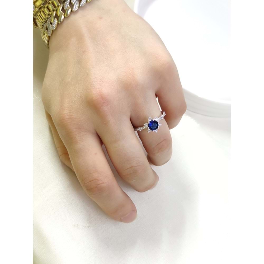 SAFİR MAVİ ZİRKON TAŞLI ÇİÇEK LOTUS TEK TAŞ GÜMÜŞ YÜZÜK - 16