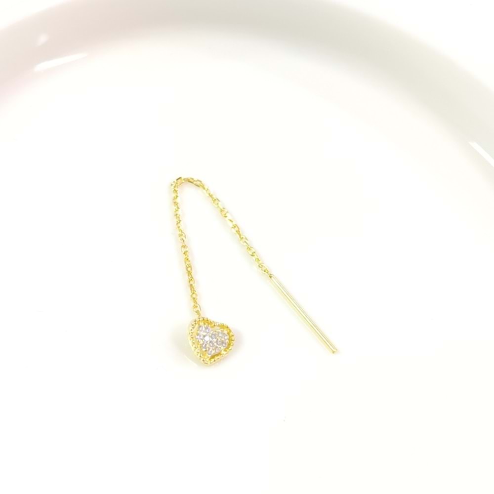 TEKLİ TAŞLI KALP JAPON ZİNCİR GÜMÜŞ KÜPE - ALTIN SARI