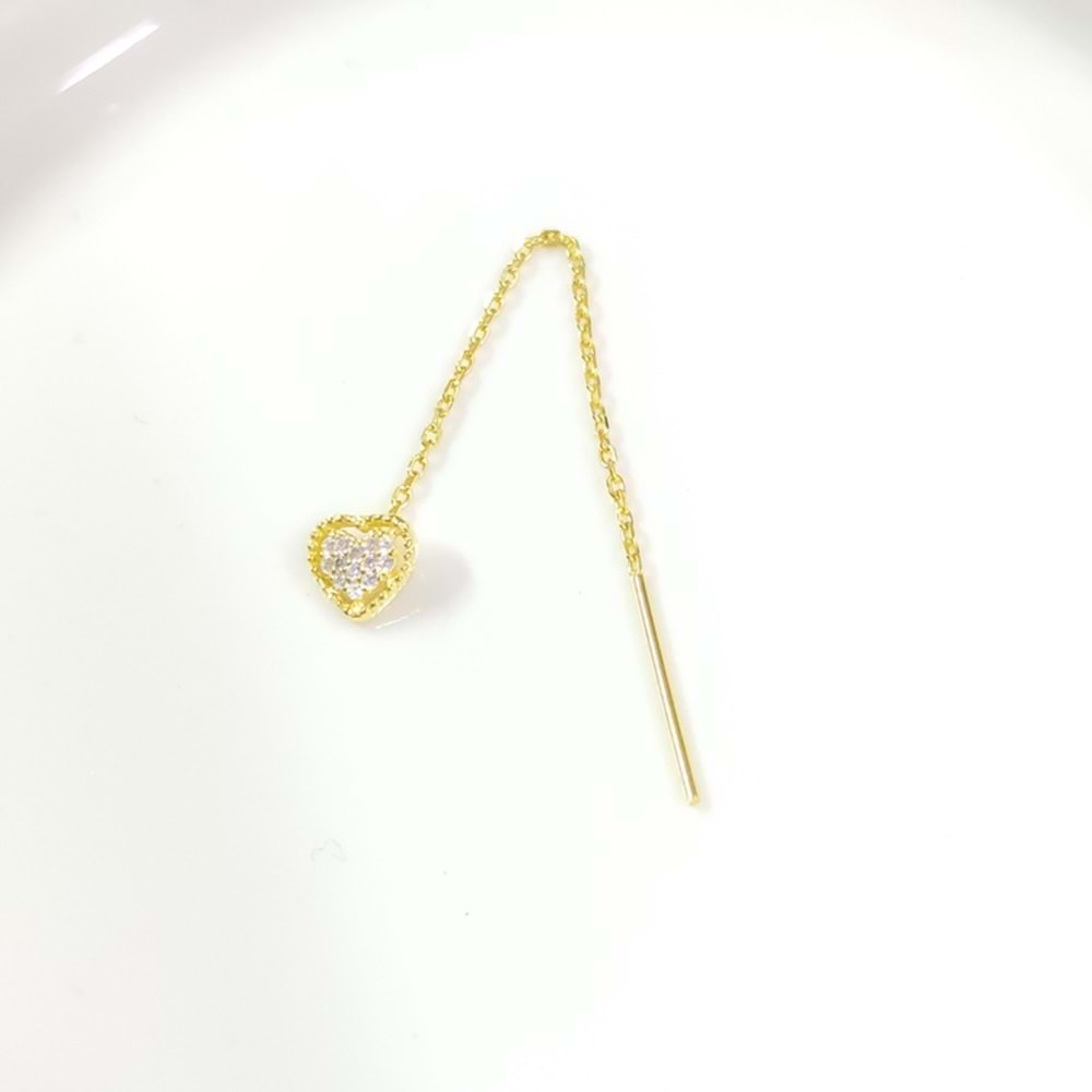 TEKLİ TAŞLI KALP JAPON ZİNCİR GÜMÜŞ KÜPE - ALTIN SARI