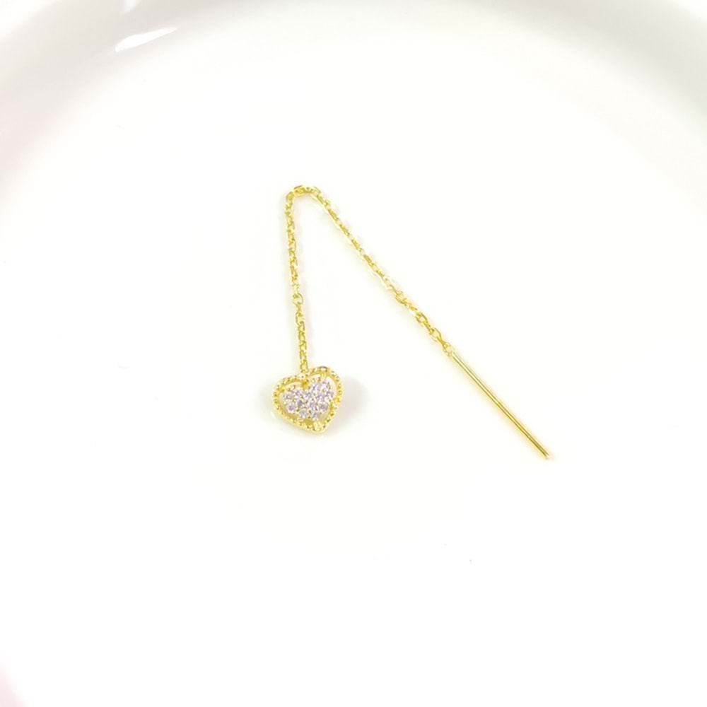 TEKLİ TAŞLI KALP JAPON ZİNCİR GÜMÜŞ KÜPE - ALTIN SARI