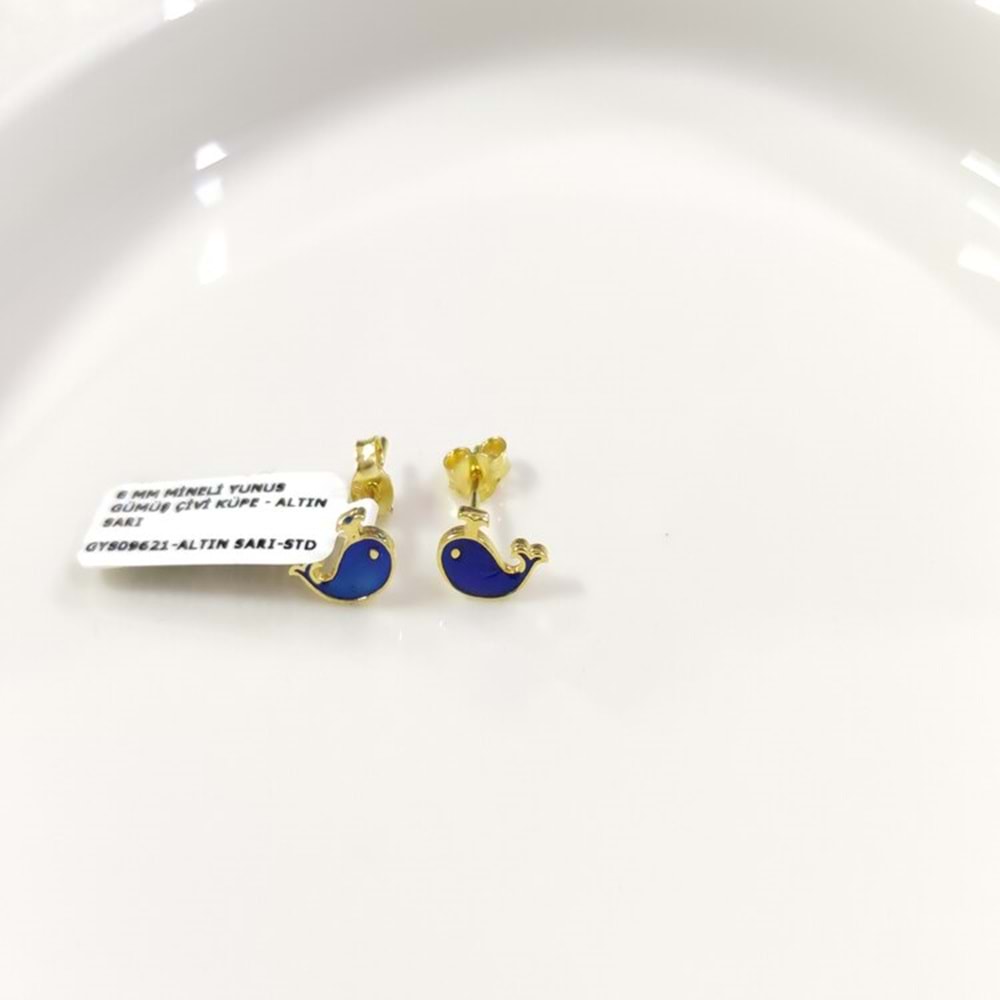 8 MM MİNELİ YUNUS GÜMÜŞ ÇİVİ KÜPE - ALTIN SARI