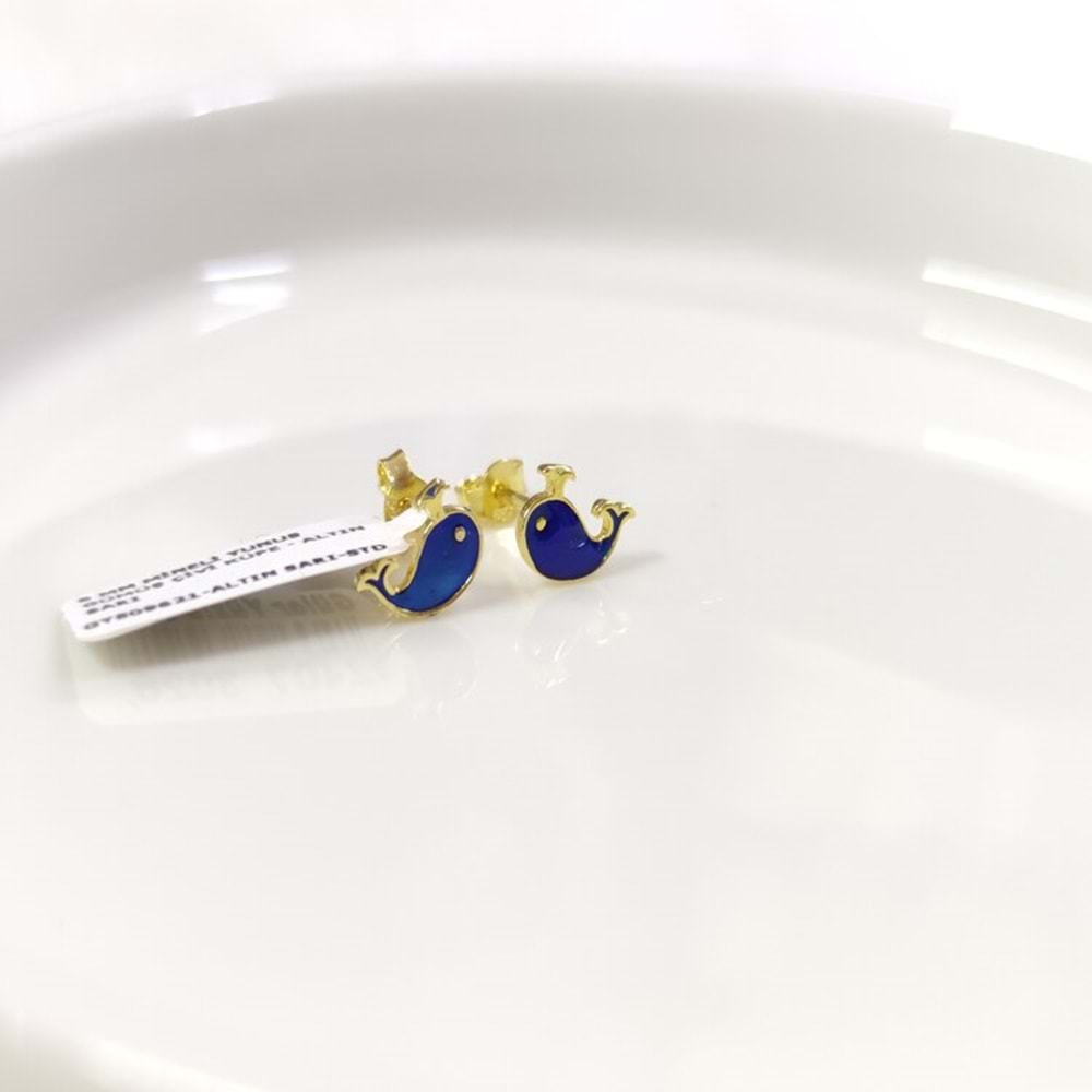 8 MM MİNELİ YUNUS GÜMÜŞ ÇİVİ KÜPE - ALTIN SARI