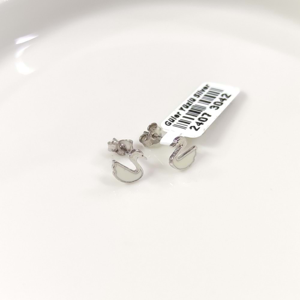 8 MM MİNELİ KUĞU GÜMÜŞ ÇİVİ KÜPE - RODYUM BEYAZ