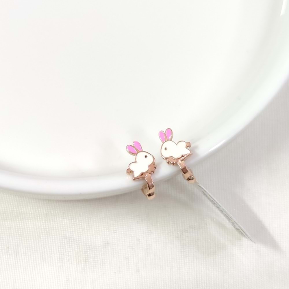 PEMBE KULAK MİNELİ TAVŞAN GÜMÜŞ ÇOCUK KÜPE - ROSE BAKIR