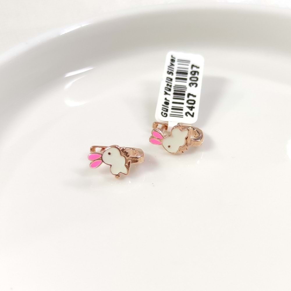 PEMBE KULAK MİNELİ TAVŞAN GÜMÜŞ ÇOCUK KÜPE - ROSE BAKIR