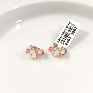 PEMBE KULAK MİNELİ TAVŞAN GÜMÜŞ ÇOCUK KÜPE - ROSE BAKIR