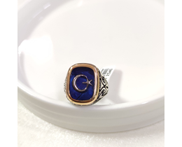 MAVİ DETAY AY YILDIZ GÜMÜŞ ERKEK YÜZÜK