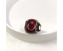 KIRMIZI DETAY AY YILDIZ GÜMÜŞ ERKEK YÜZÜK