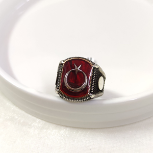 KIRMIZI DETAY AY YILDIZ GÜMÜŞ ERKEK YÜZÜK