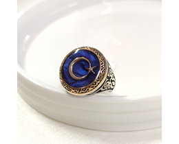 YUVARLAK MAVİ DETAY AY YILDIZ GÜMÜŞ ERKEK YÜZÜK