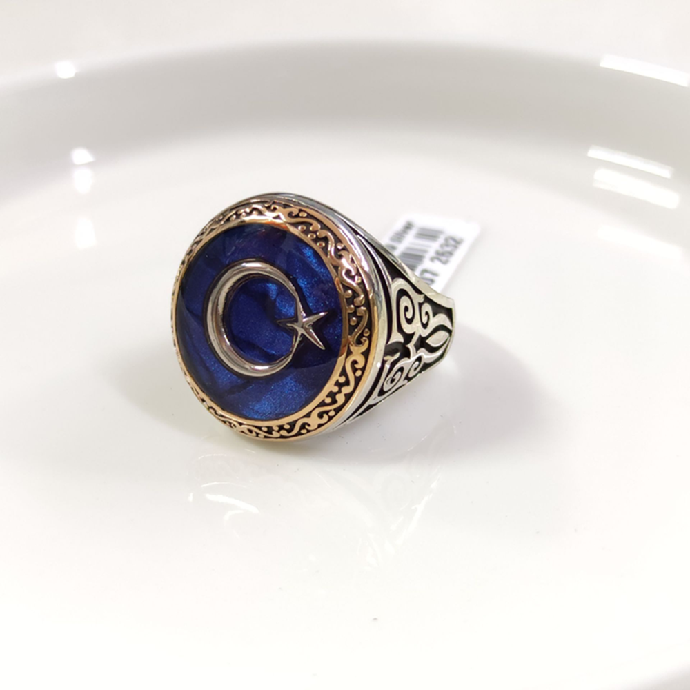 YUVARLAK MAVİ DETAY AY YILDIZ GÜMÜŞ ERKEK YÜZÜK