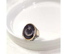 OVAL SİYAH DETAY AY YILDIZ GÜMÜŞ ERKEK YÜZÜK